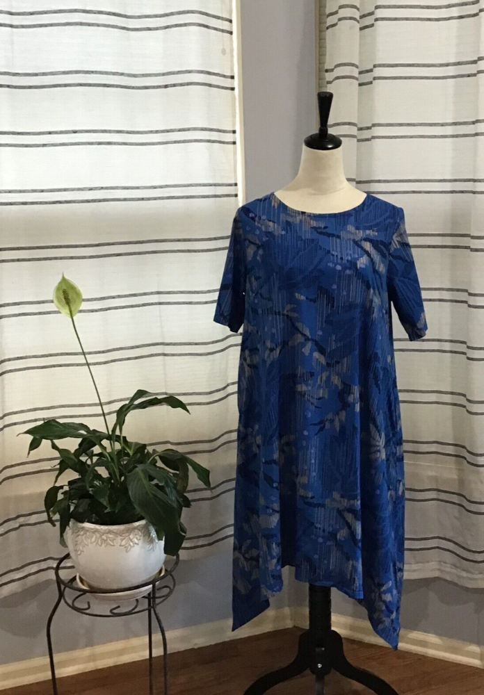 Gudrun Sjoden Women's Blue Floral Organic Cotton Dress Size Small 3/4 Sleeves