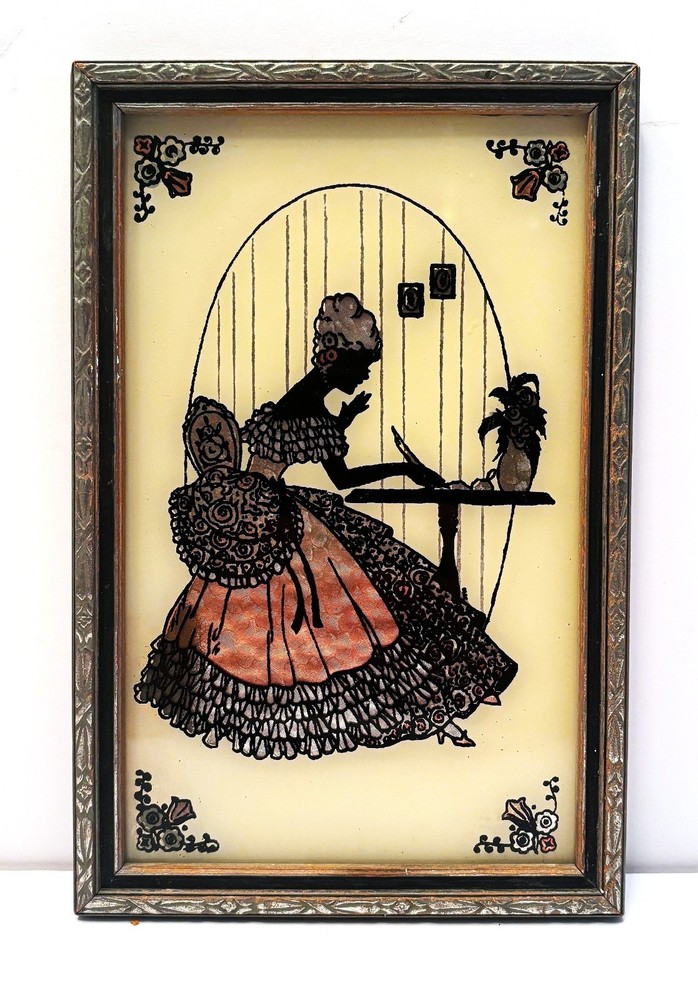 Pintura reverso silueta años 30 mujer victoriana escribiendo una carta 9x6