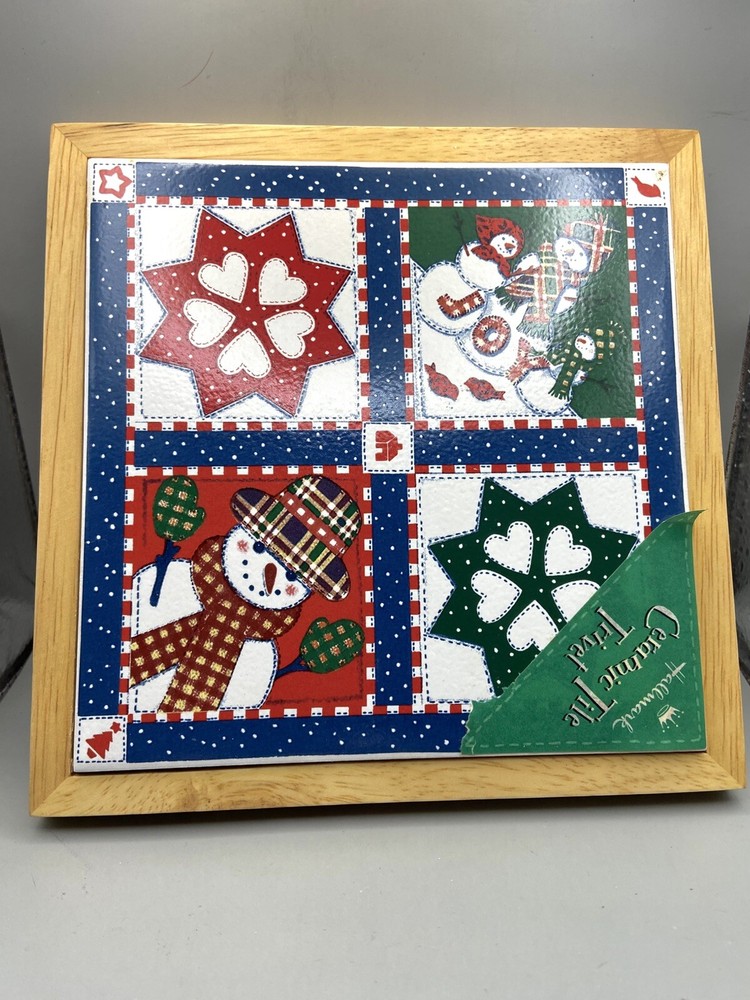 Vintage Hallmark Christmas Quilt Ceramic Tile Trivet Snowman Wood Frame New