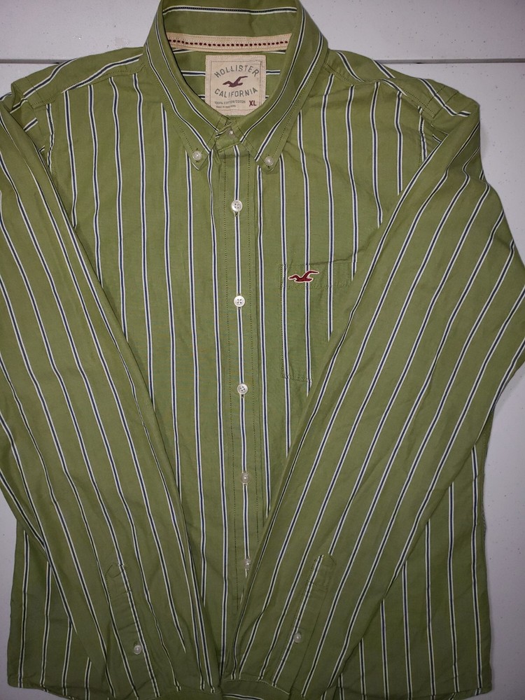 Mens Hollister Long Sleeve Green Blue Stripes Casual Shirt Size XL