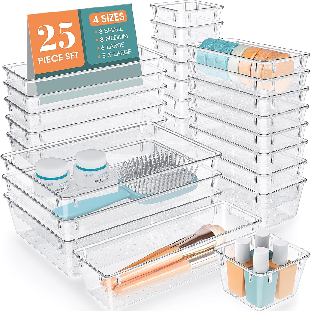 25-Piece Clear Plastic Drawer Organizer Set with 4 Sizes for Desk Storage