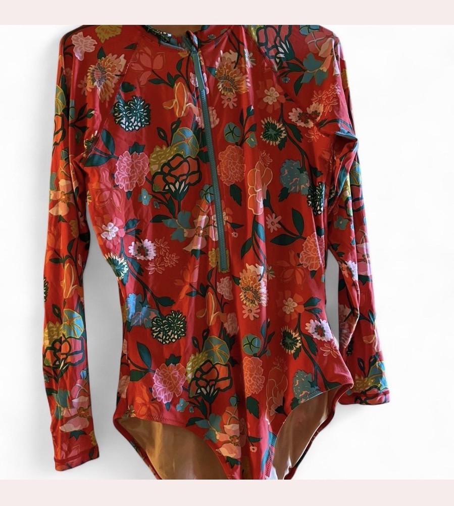 Women's Floral Long Sleeve Zip Front Rash Guard Swimsuit Red