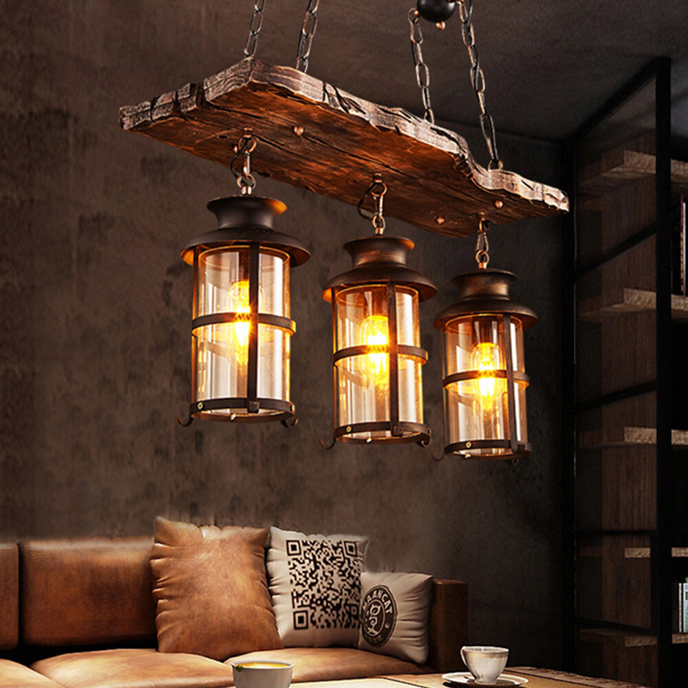 Rustic 3-Light Farmhouse Chandelier Wood Pendant Ceiling Lamp