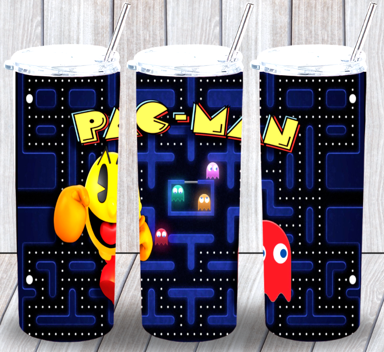 Pac-Man Game Multicolor 20oz Insulated Tumbler With Lid Clear Straw New