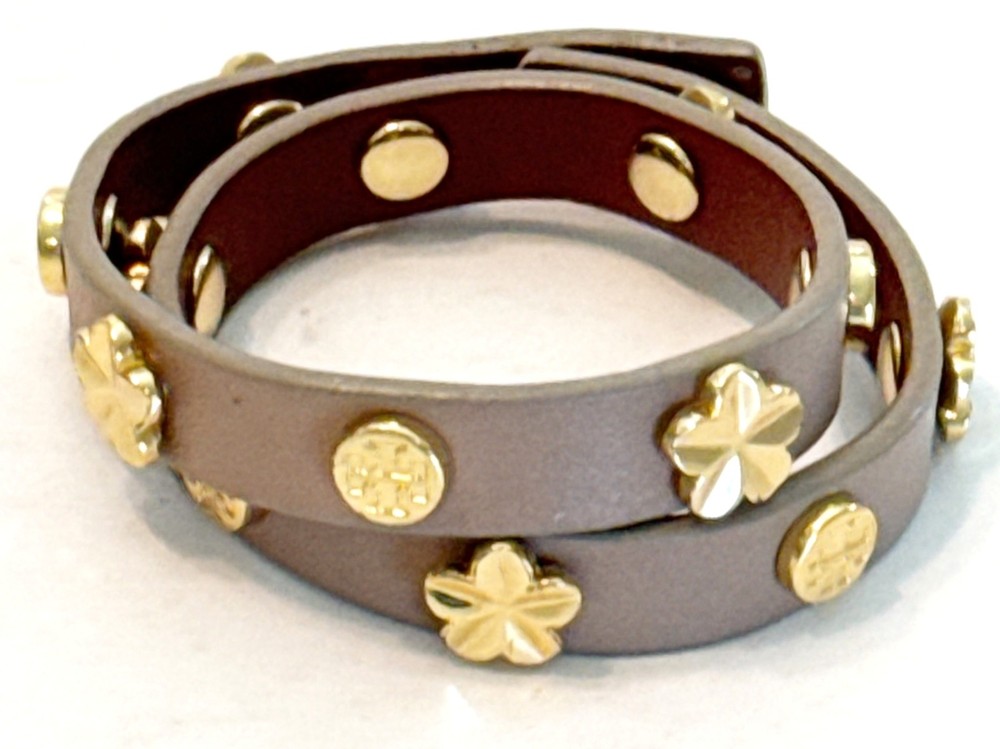 Tory Burch Gold Tone Studded Logo Leather Wrap Choker Bracelet Tan 15 Inch