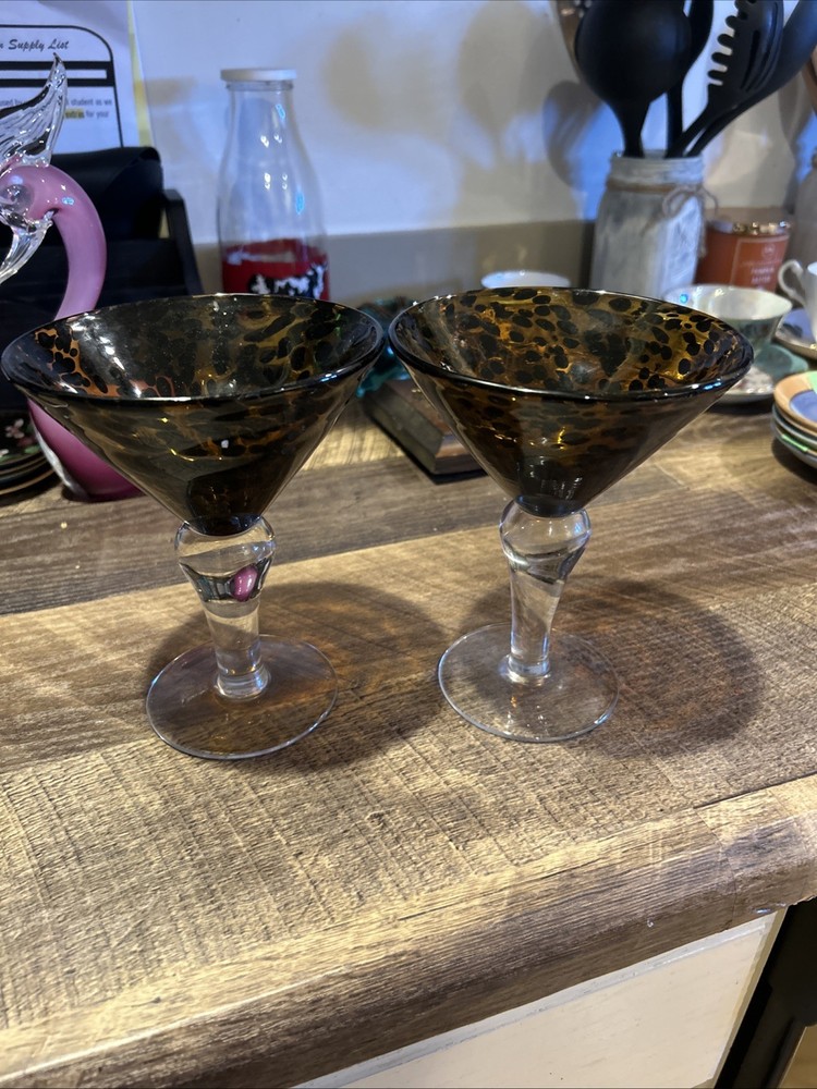 Vintage Hand Blown Italian Made Leopard Print Martini Glasses EUC Set Of 2