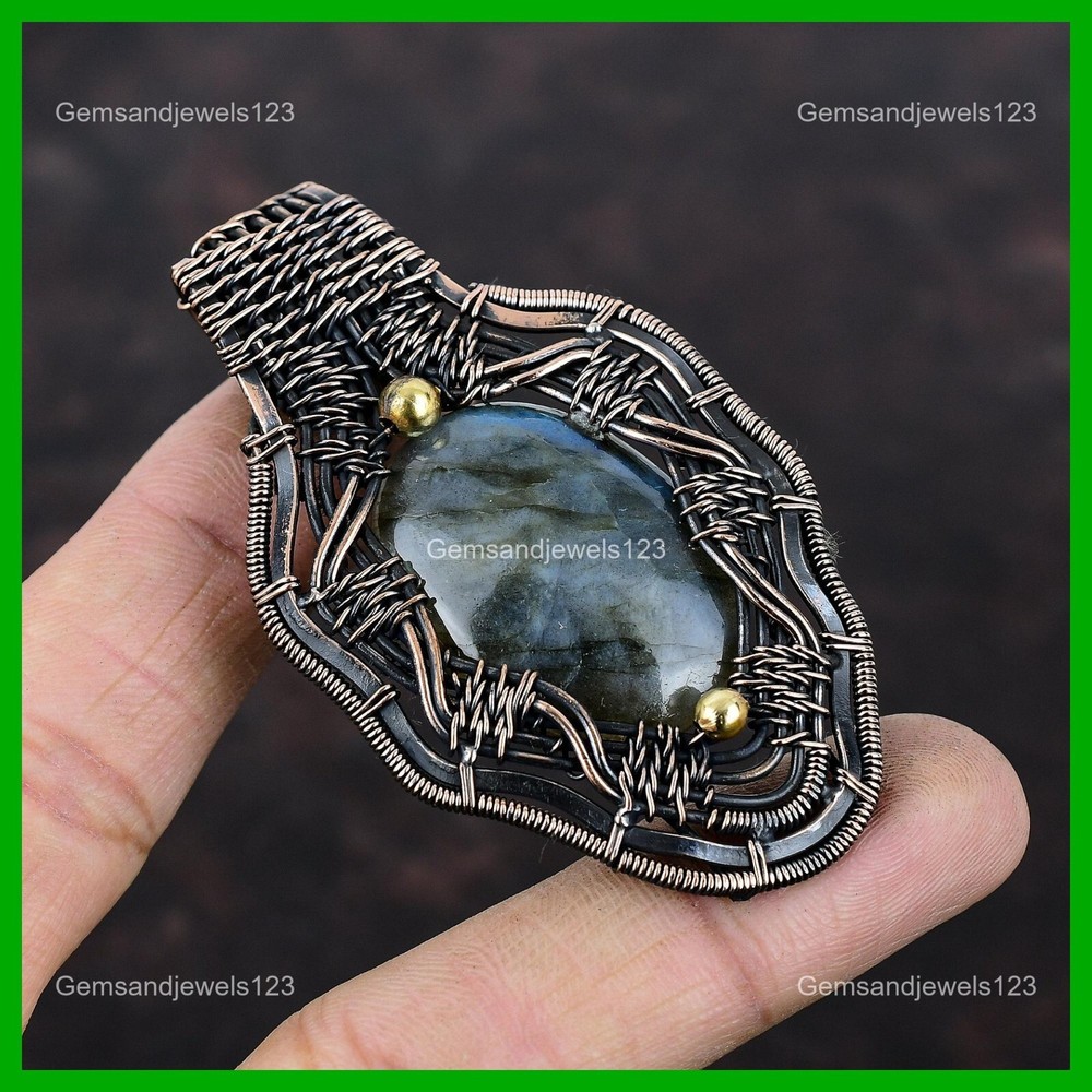 Mothers day Deal Copper Natural Labradorite Unique Wire Wrapped Pendant Jewelry