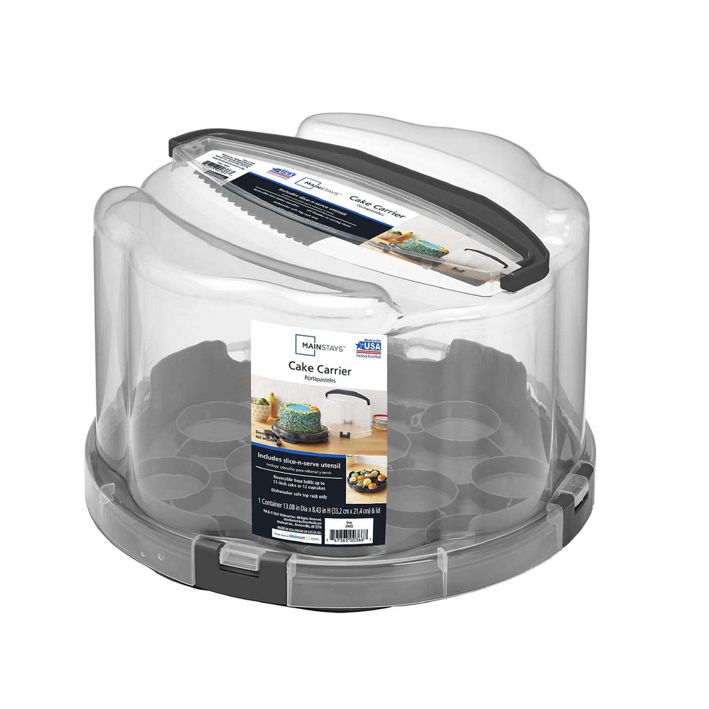 Clear Round Plastic Cake & Cupcake Carrier with Gray Handle - Upgraded Design
