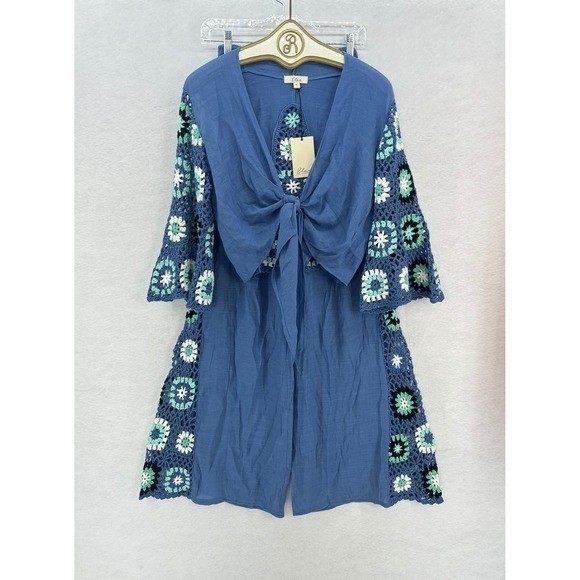 Elan Boho Festival Outfit SMALL Blue Crochet Tie Front Top Pants Set Beach