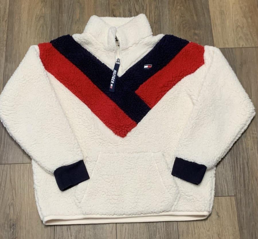 VTG Tommy Hilfiger Sport Sherpa 1/4 Zip Jacket Mens L Red White Blue Retro 90s