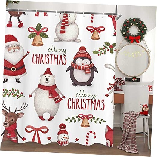 Christmas Shower Curtain, Watercolor Christmas with Santa Claus Bear Penguin