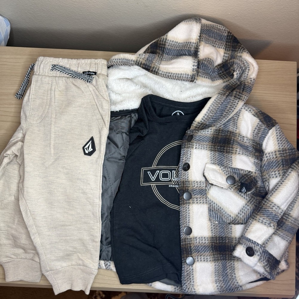 NWOT 3 Piece Volcom Boys Coat/Shirt/Pants 9-12Mo Plaid Tan Black White