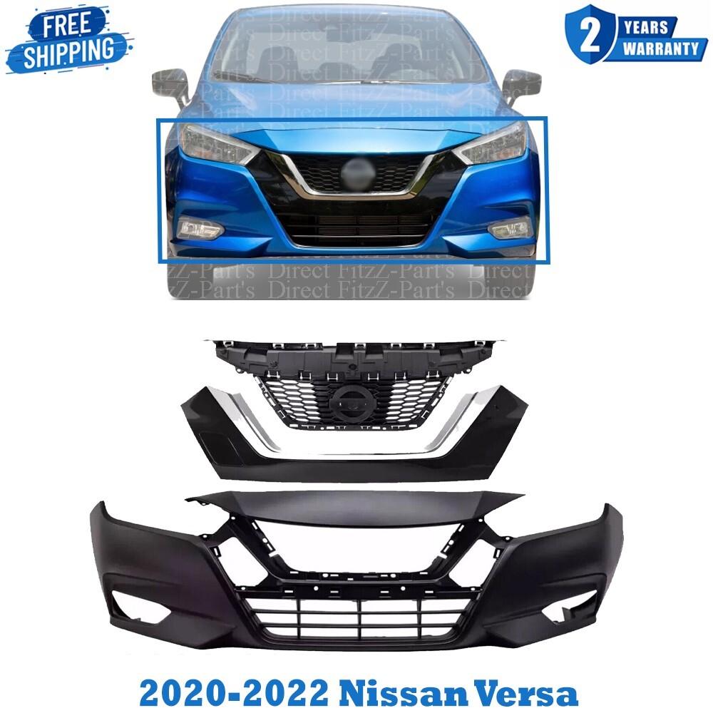 Front Bumper Cover Fascia & Grille Assembly Kit For 2020-2022 Nissan Versa