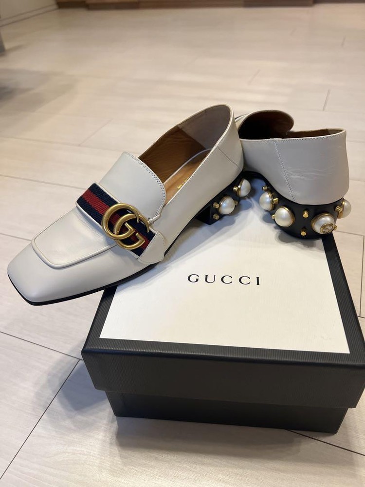 GUCCI 414998 GG Logo White Leather Sherry Line Pearl Heel Shoes Size 36.5 NEW