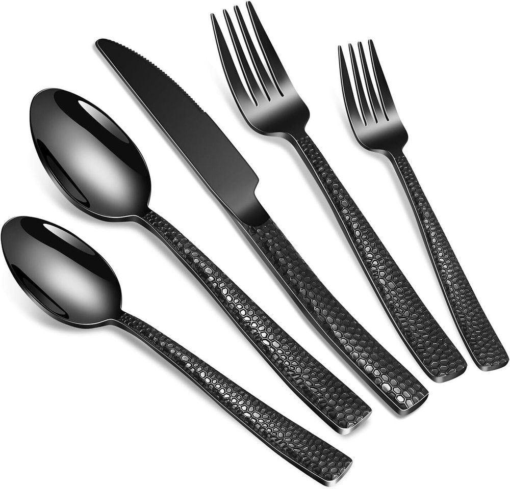 40-Piece Black Hammered Stainless Steel Flatware Set for 8