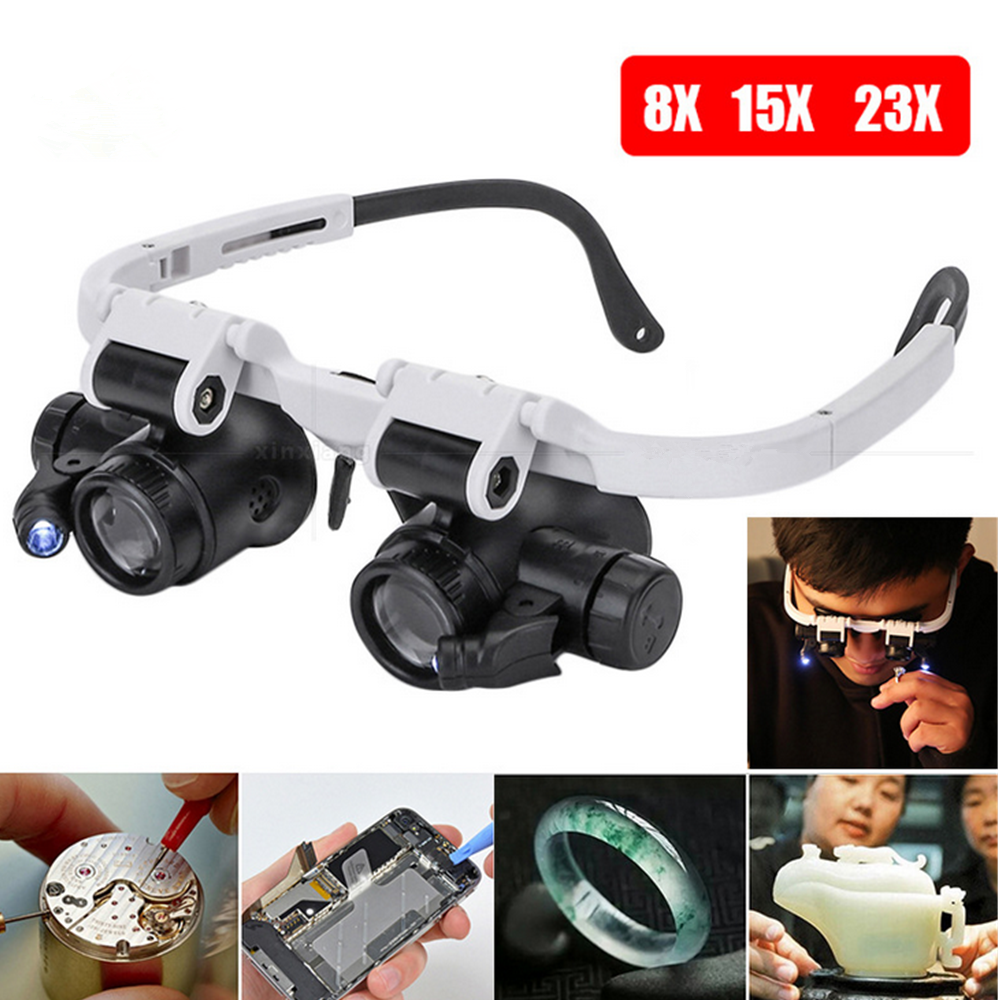 2 LED 8X 15X 23X Adjustable Lens Jewelry Watch Repair Magnifier Head Eye Loupe