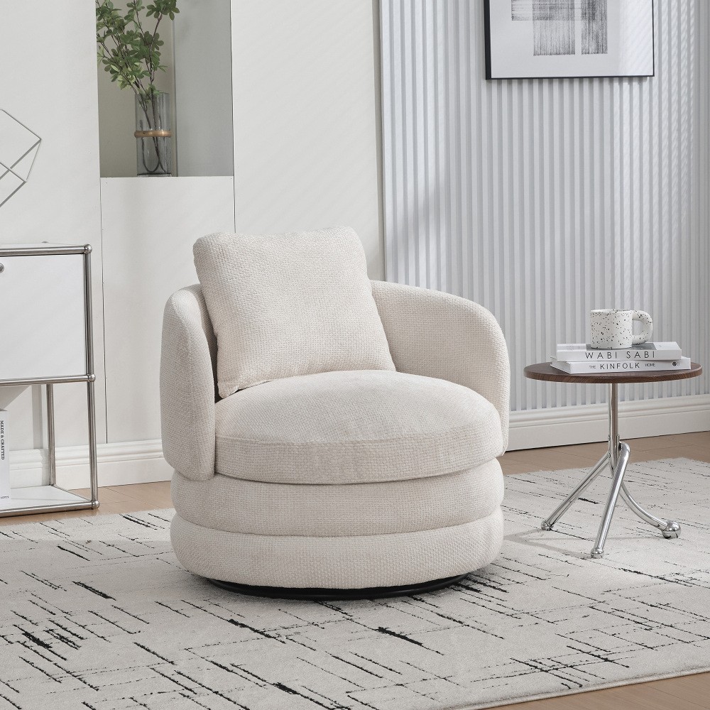 30W Modern Round 360° Swivel Barrel Chair Chenille Upholstered Pillow