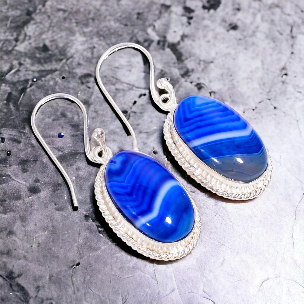 Drop Dangle Earrings in 925 Silver with Natural Blue Botswana Agate