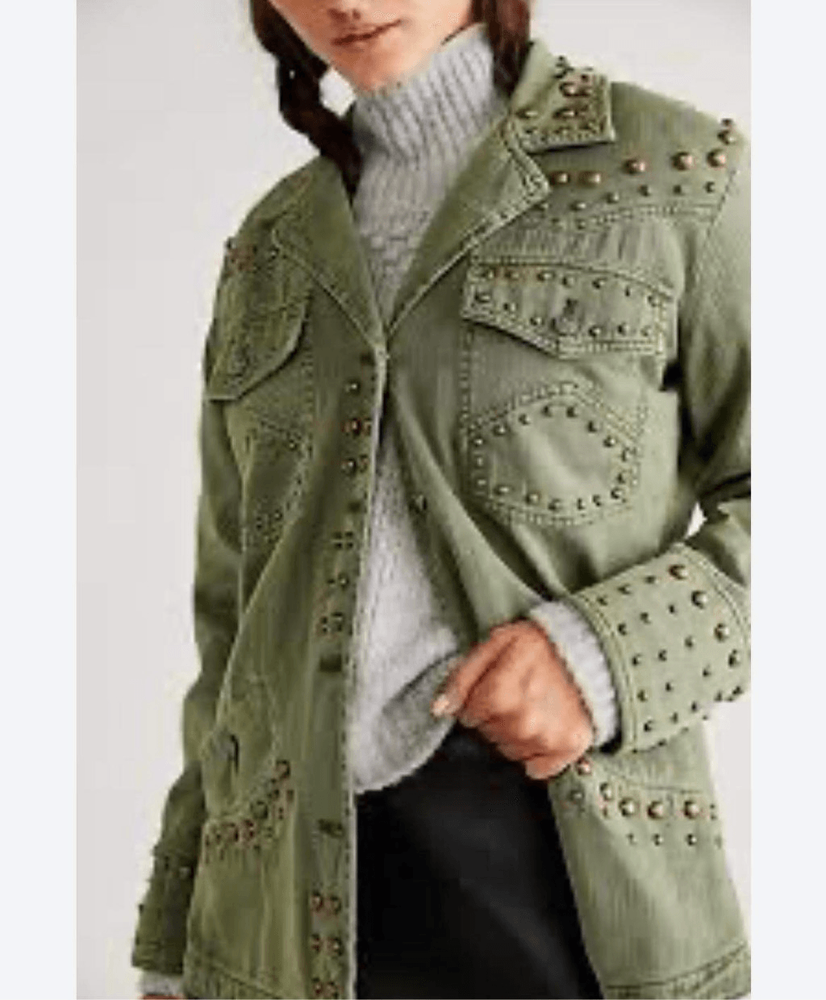 Free People Rock Stud Shirt Jacket in Army Green Size XS NWT