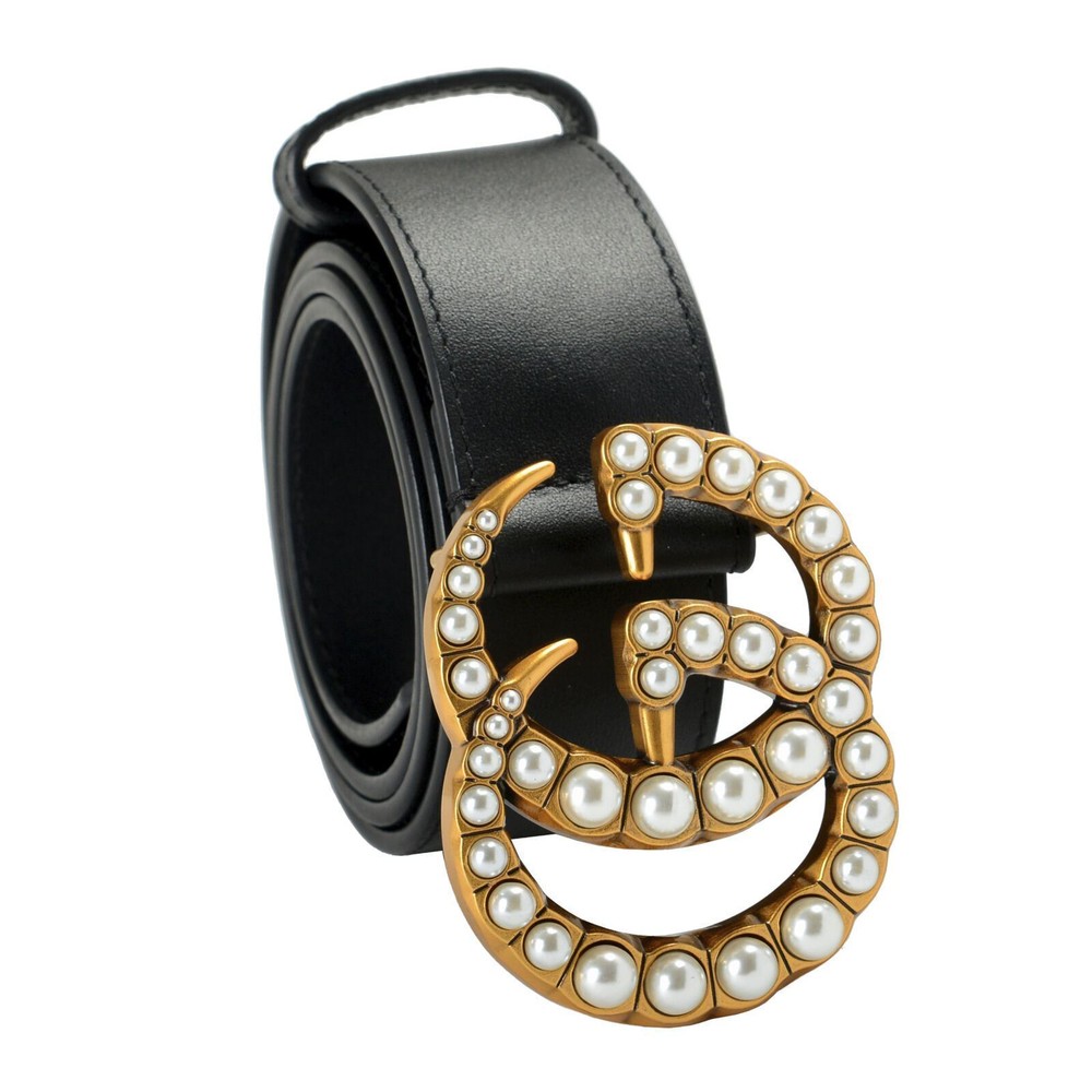 Gucci Black Leather Belt with Double Pearl G Buckle Size US 42 IT 105-image