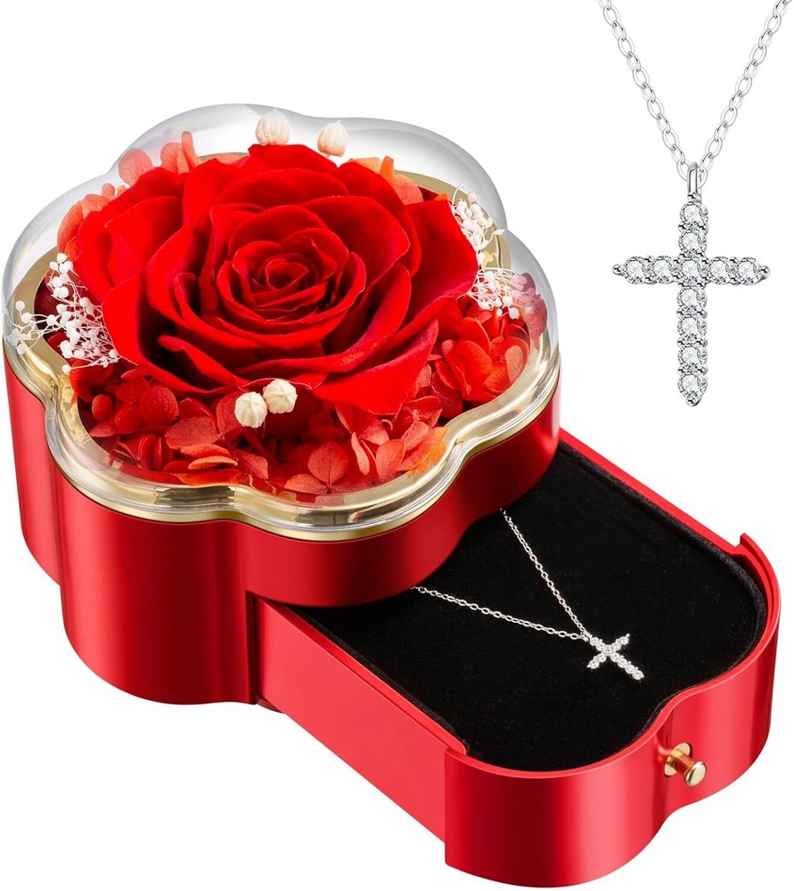 Preserved Flower Gift Box with 925 Sterling Silver Cross Necklace for Mom, Wife,