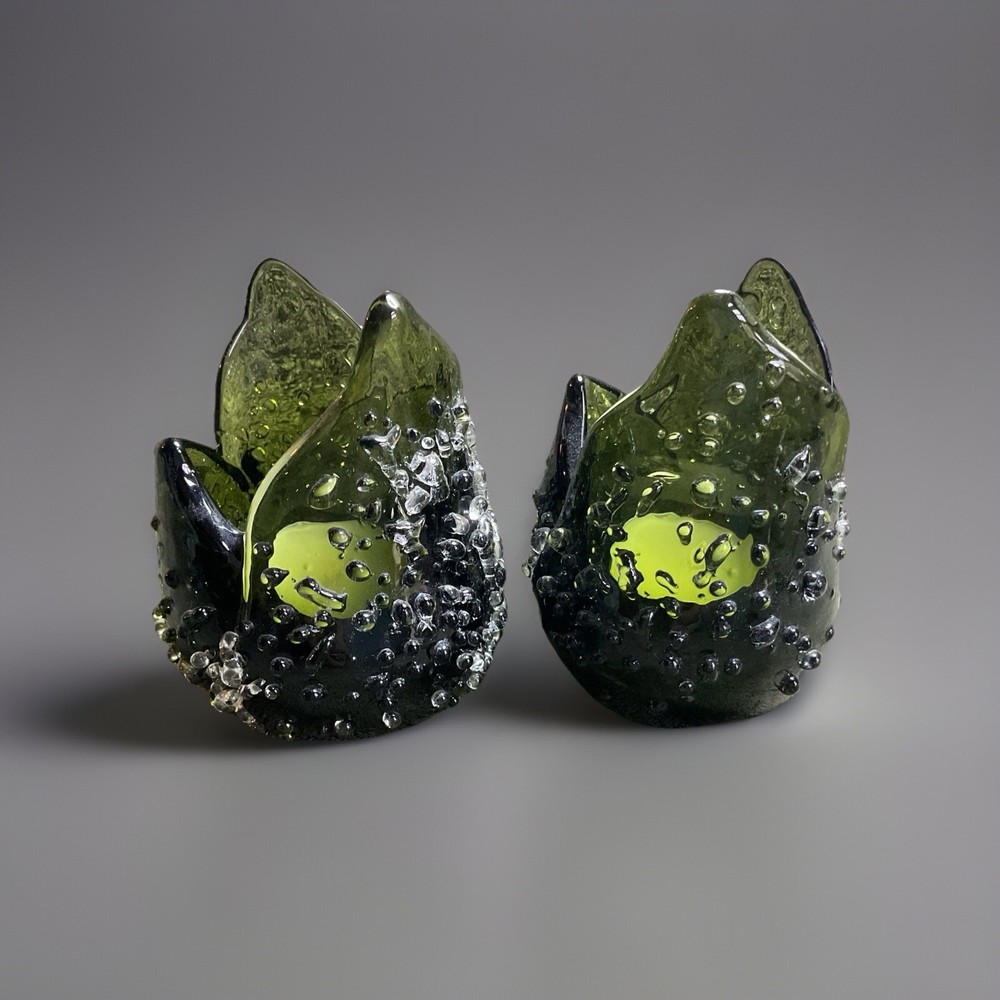 Green Glass Tulip Tealight Holder with Dewdrop Design for Partylite Candles  