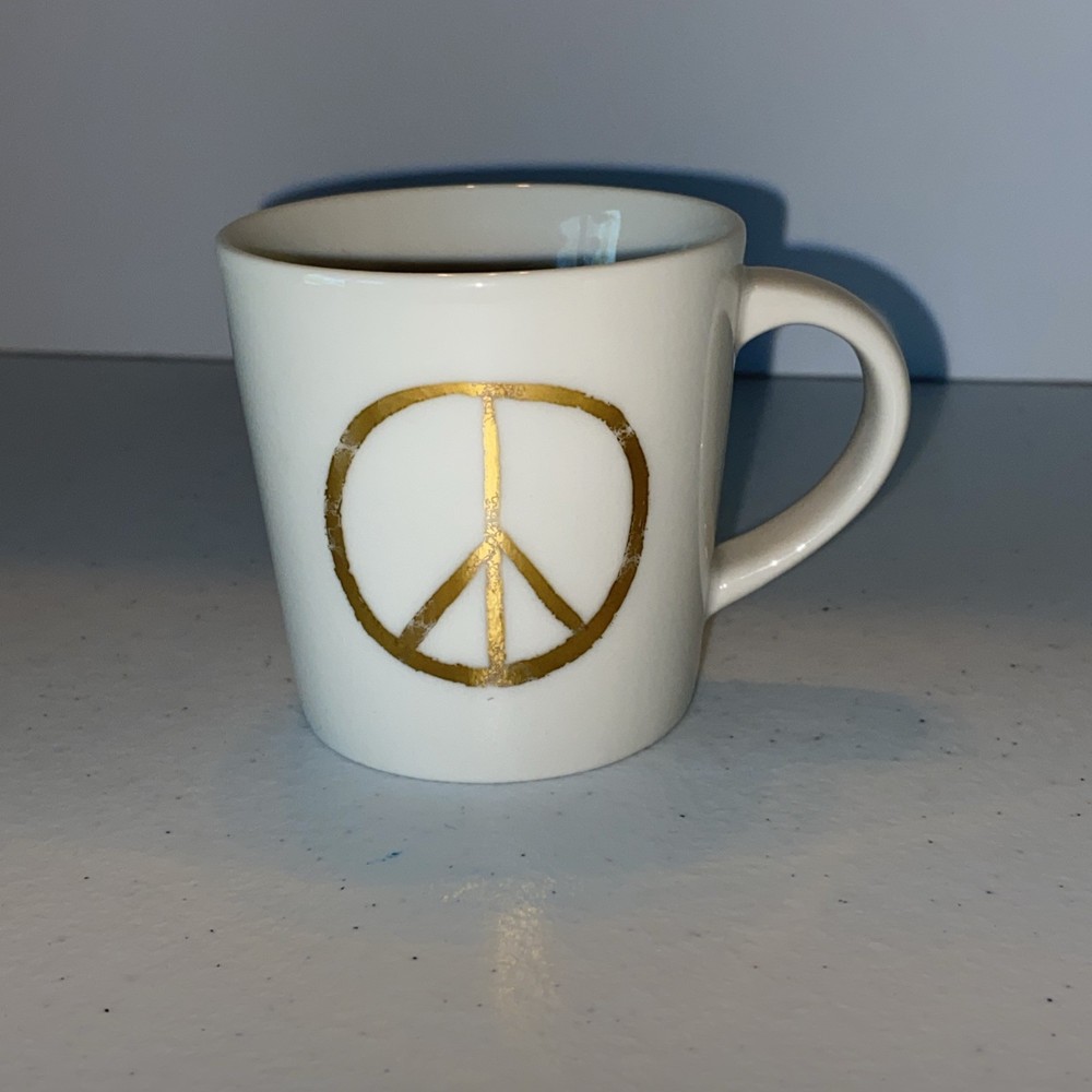 Starbucks 2015 White Ceramic Gold Peace Sign Espresso Demitasse Mug Cup 3 oz