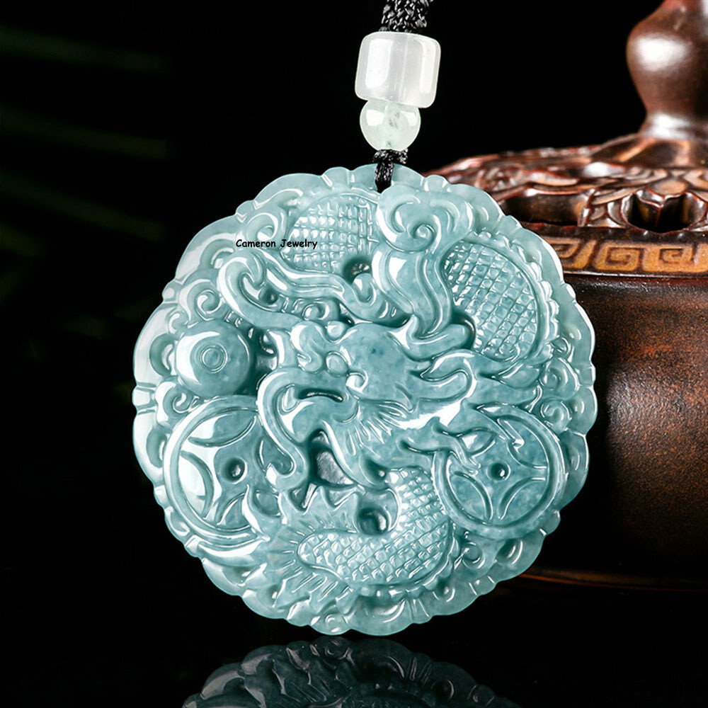 Natural Grade A Blue Jadeite Dragon Circle Pendant for Men & Women