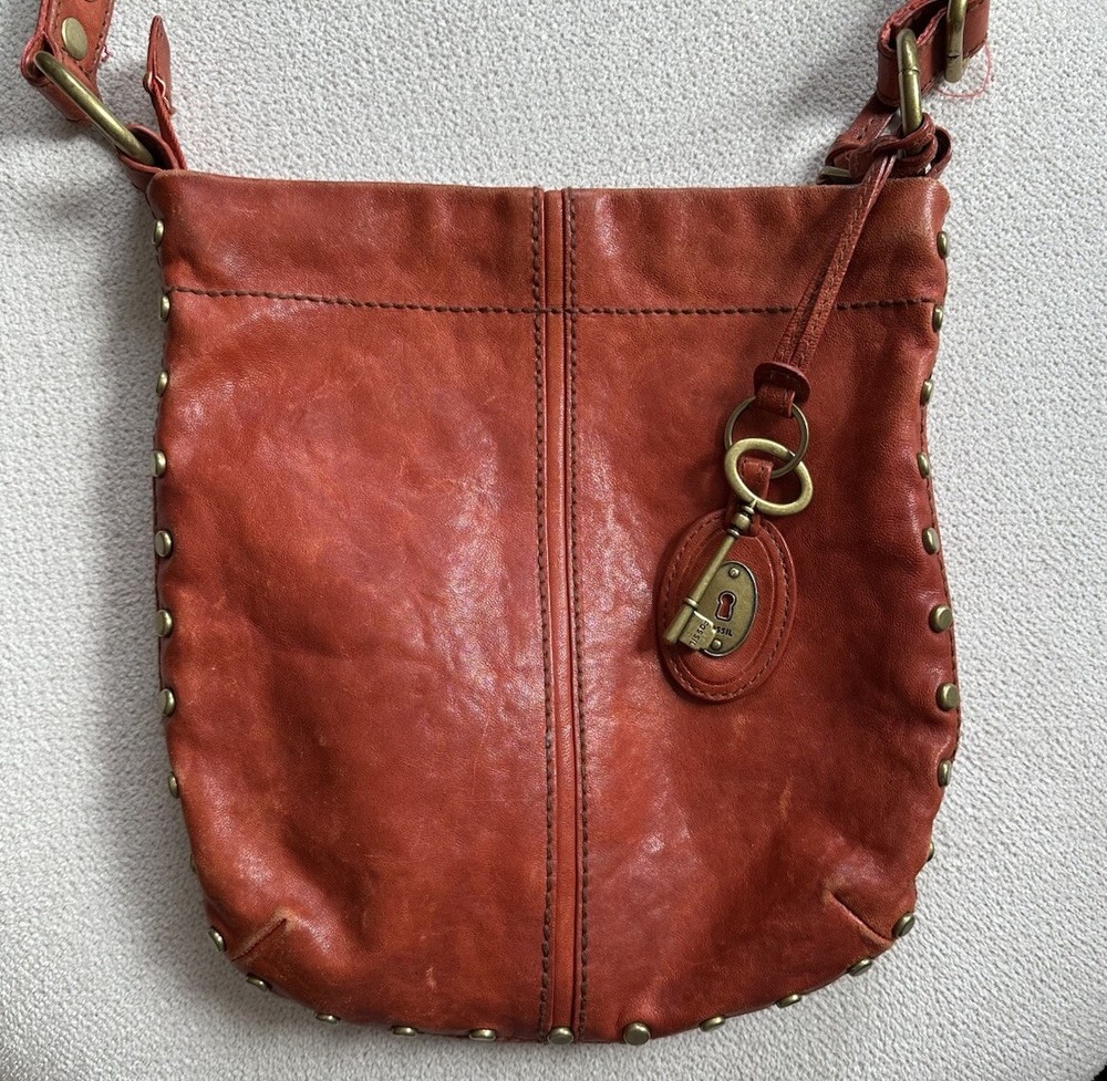 Fossil Orange Studded Leather Crossbody Bag for Women