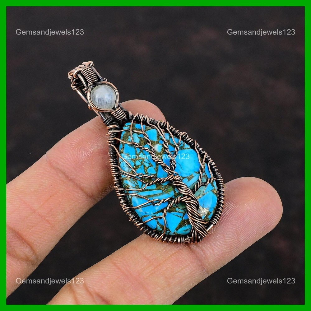 Mother's Day Deal Copper Pendant with Blue Turquoise & Rainbow Moonstone-image