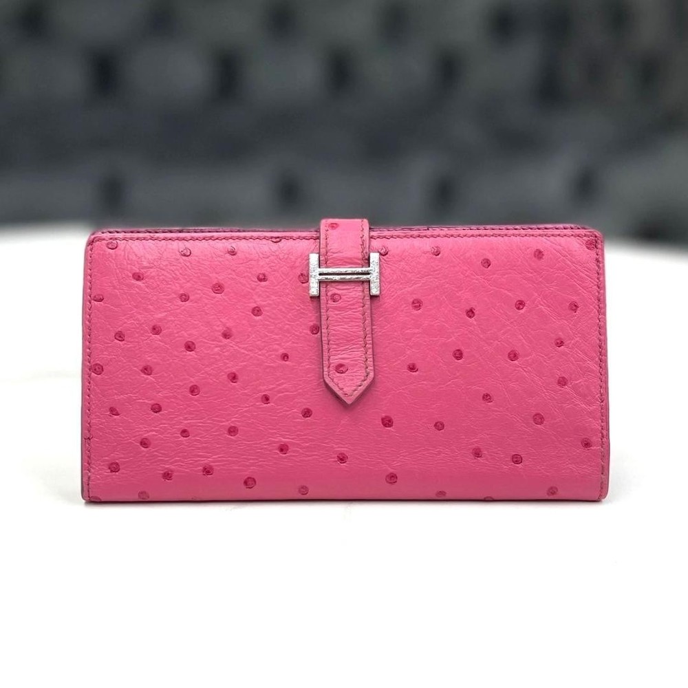 Hermes Bear Soufflé Ostrich Long Wallet Fuchsia Pink □L engraved