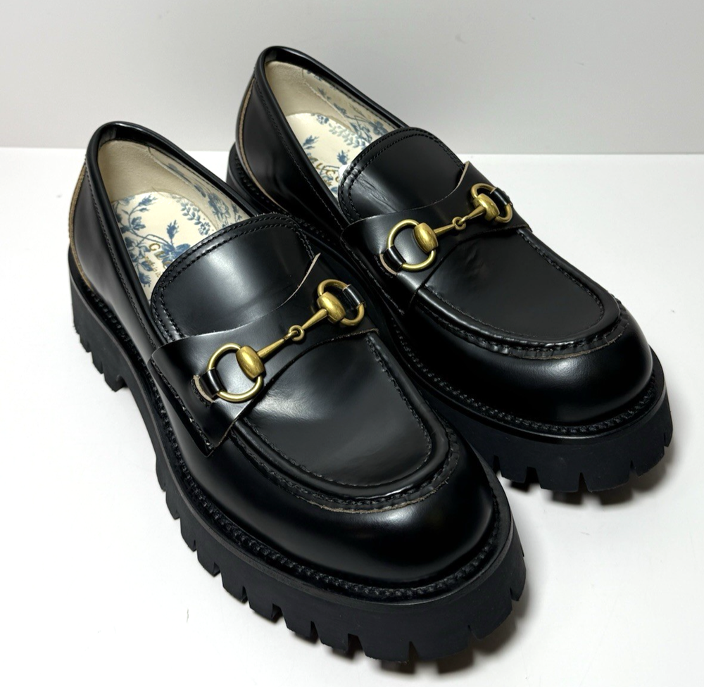 GUCCI 577236 Black Gold Horsebit Bee Loafers Lug Sole Size 39 US 9