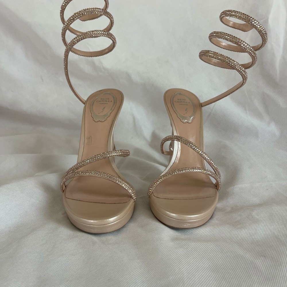 René Caovilla Champagne Margot Crystal Embellished Sandal Shoes, 39