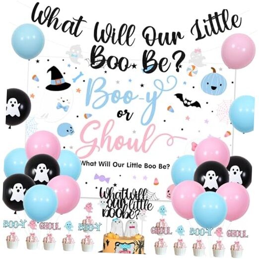 Halloween Gender Reveal Decorations Boo or Ghoul Backdrop Banner for Baby Gender Party