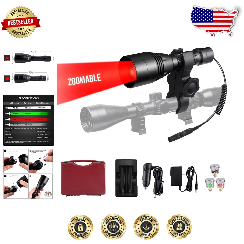 High-Performance Predator Hunting Torch with Red, Green, White & IR 850nm Light