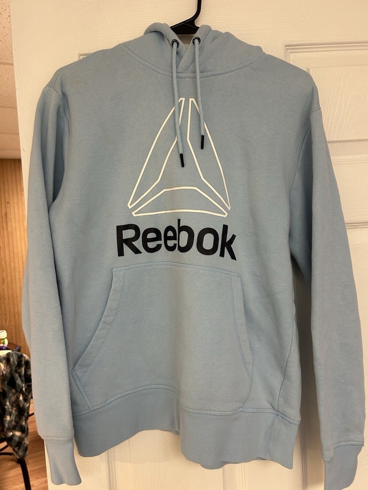 Reebok Hoodie Women's Blue Delta Logo Spellout Pullover Sweatshirt Sportswear