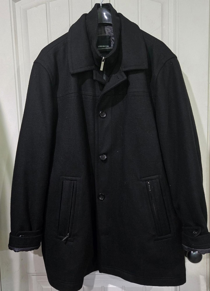 London Fog Mens XL Black Wool Blend Peacoat with Double Closure
