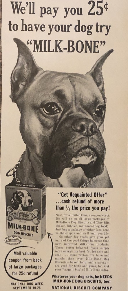 1954 Milk-Bone Dog Biscuit We Pay Your Dog To Try Boxer Treat VTG 1950s PRINT AD