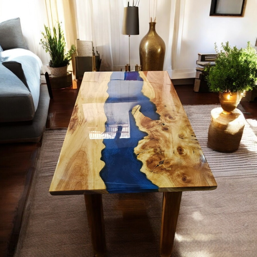 Epoxy Blue Resin Dining Table Countertop Natural Acacia with Stand Furniture Dec