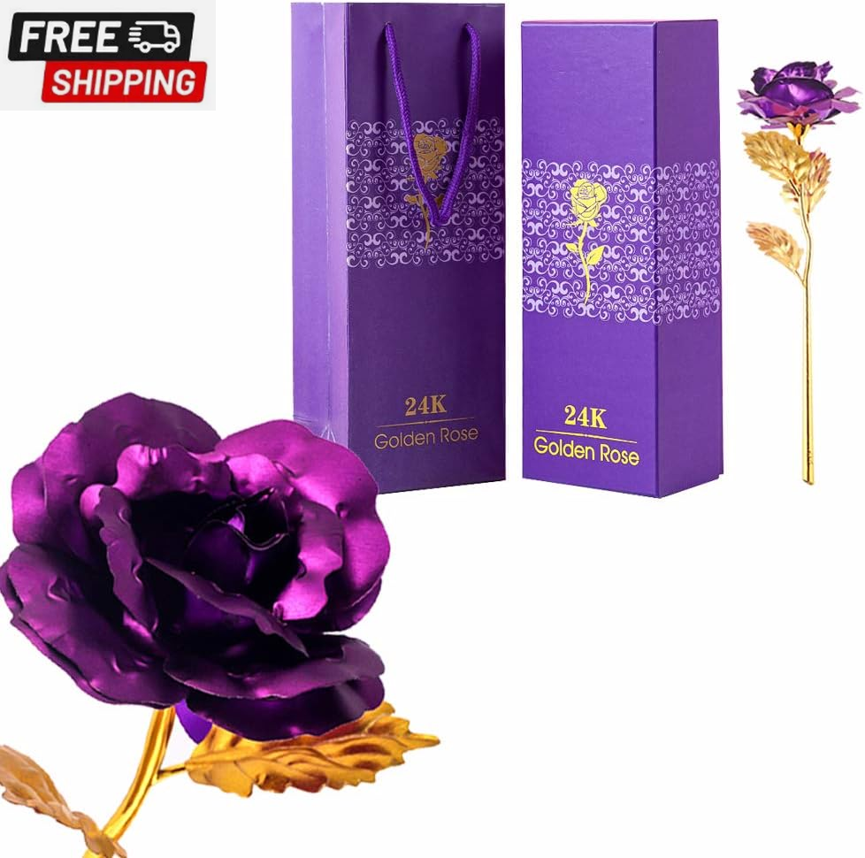 24K Purple Rose Flower, Gold Dipped Rose 24K Forever Rose with Gift Box and Bag