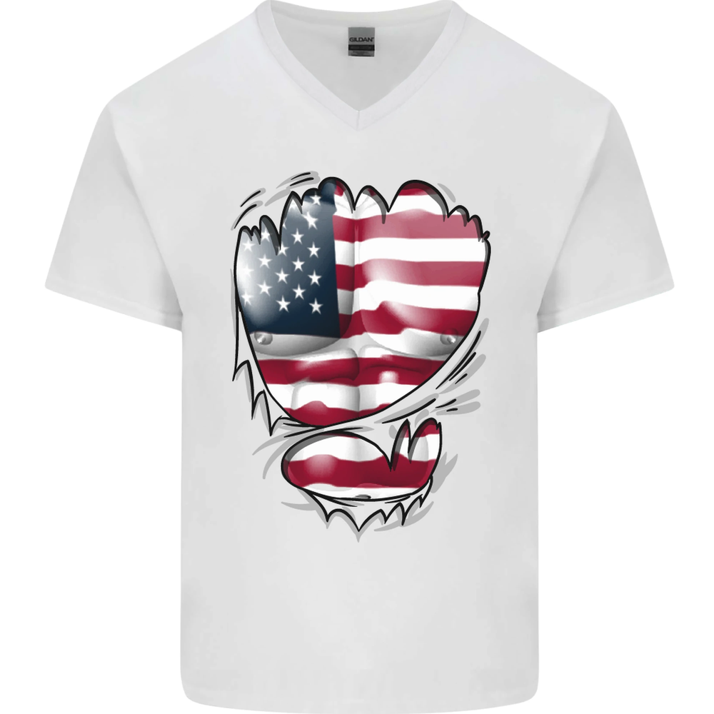 Gym Stars & Stripes American Flag Ripped Mens V-Neck Cotton T-Shirt