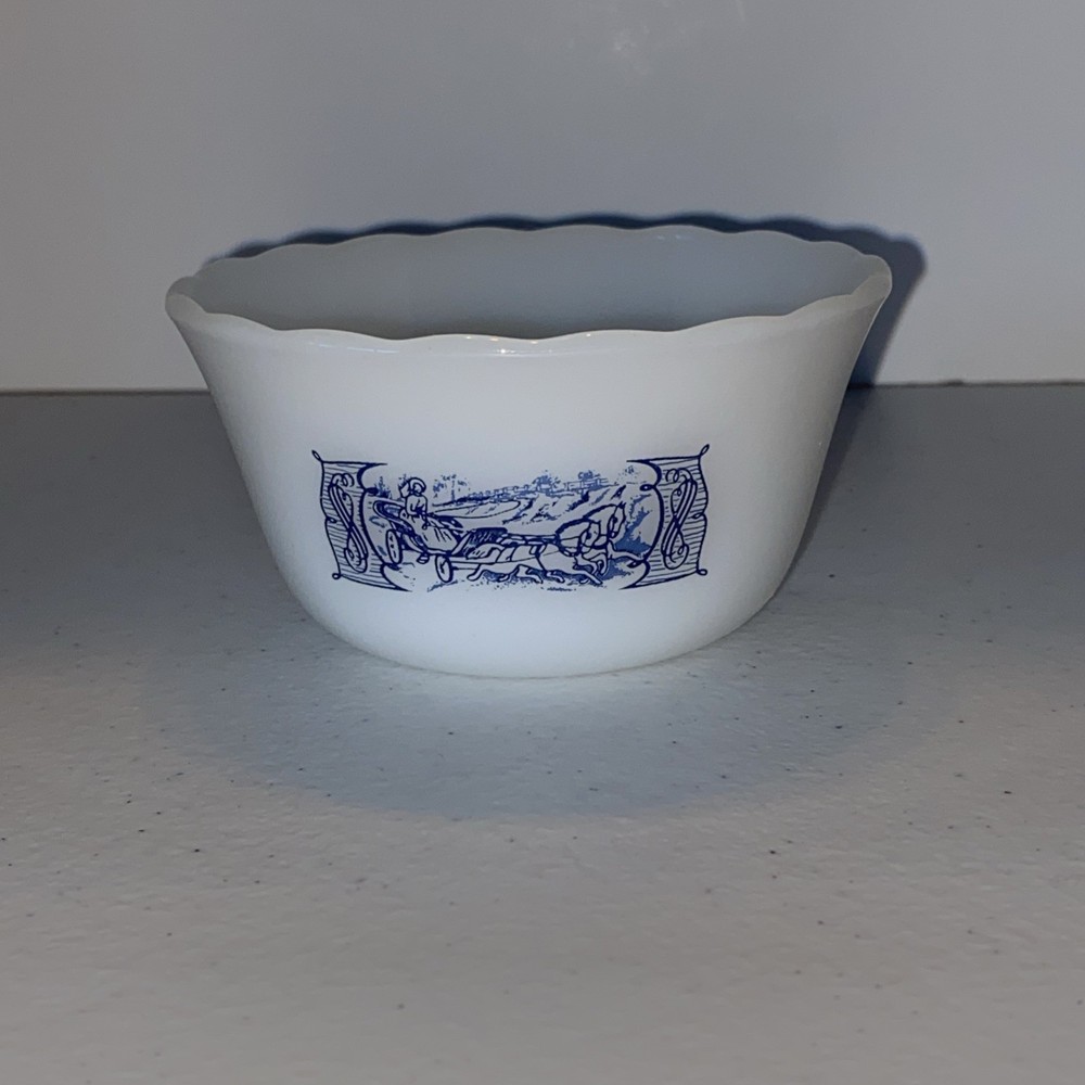 Vintage Currier & Ives Milk Glass 6oz Ruffled Dessert Cup