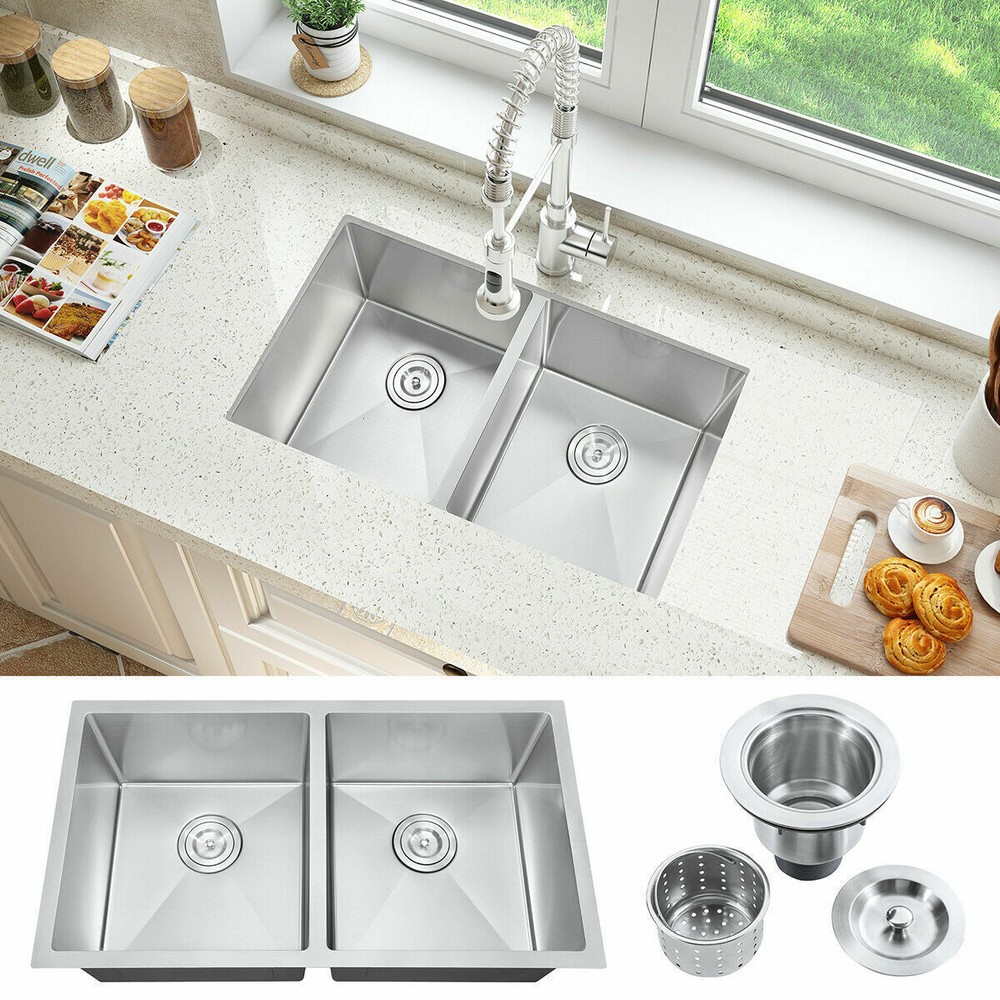 Stainless Steel 32-Inch Double Bowl Kitchen Sink with Strainer and Dual Mount Options
