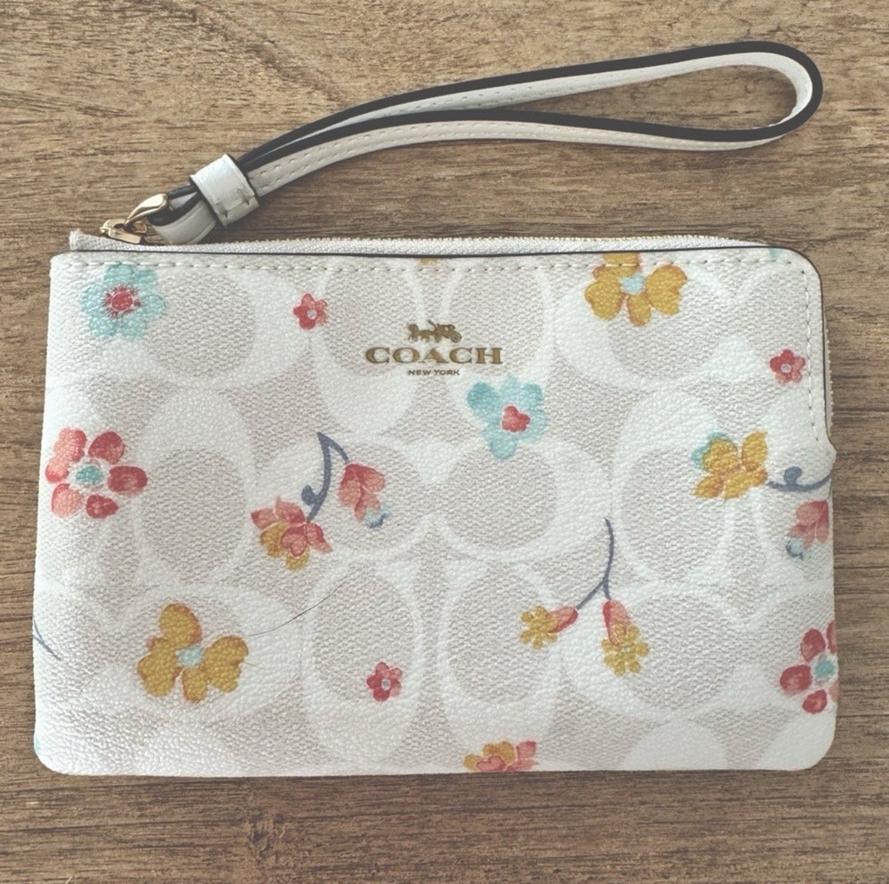 Coach Floral Print Zip Wristlet with Corner Accent