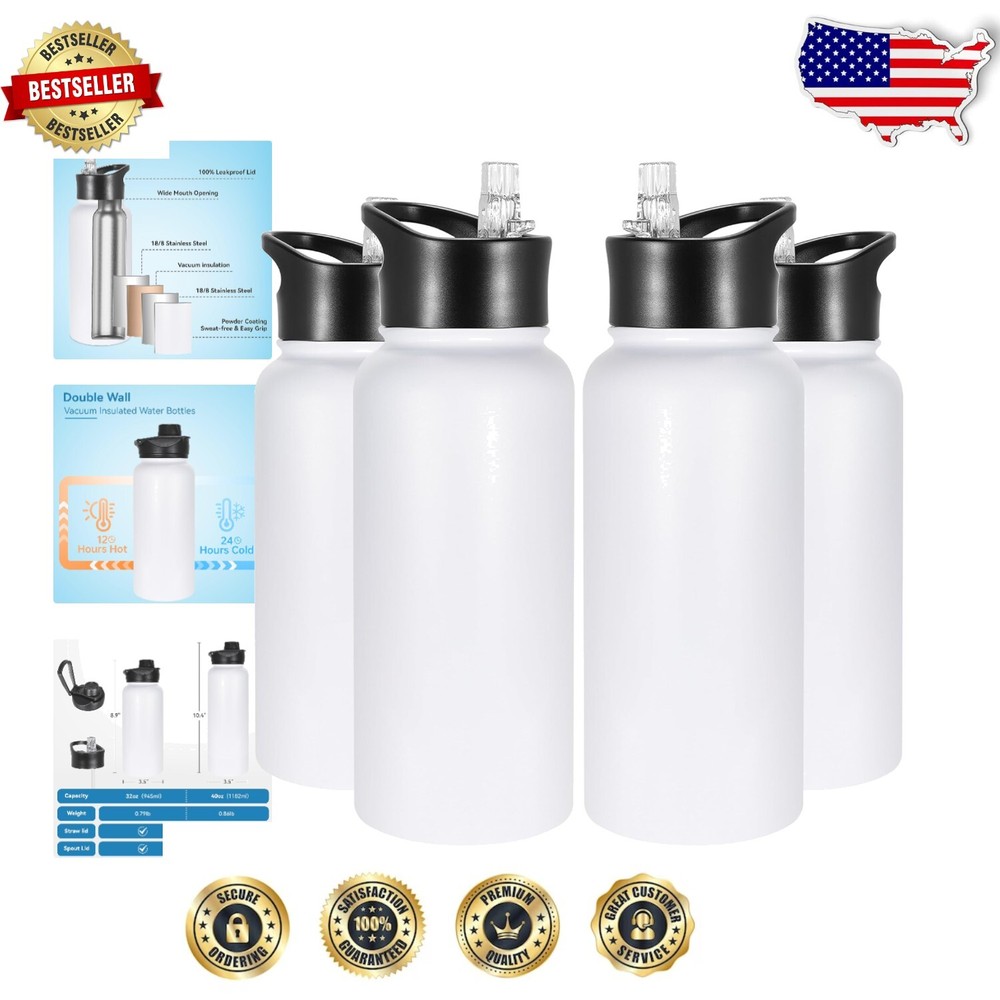 32 oz Insulated Stainless Steel Water Bottles - 4 Pack with 2 Leak-Proof Lids