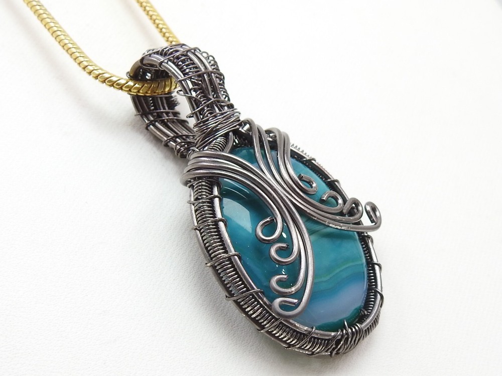 Green Strip Agate Brass Pendant Silver Oxidised Polished Wire Wrapped Jewelry