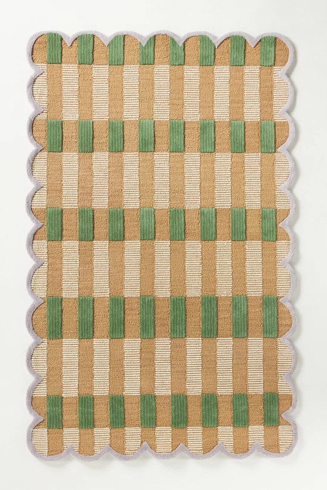 Vintage Wool Plaid Green Tufted Rug by Anthropologie - Handmade Wool Area Rug