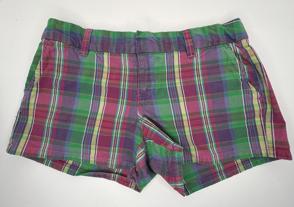 Old Navy Women’s Plaid Shorts Size 4 Green Pink Purple Fringe Pocket Design