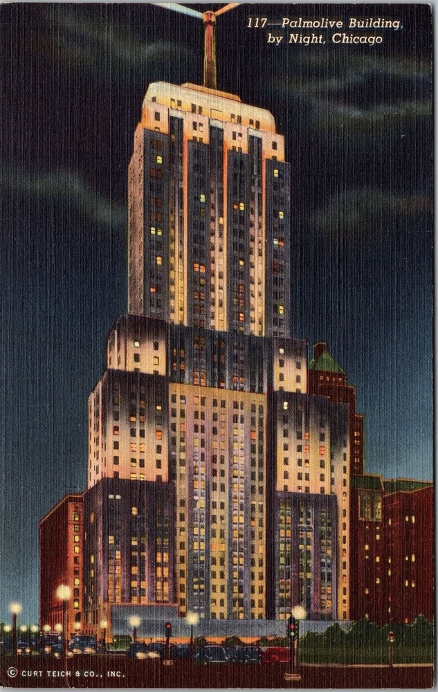 Chicago IL-Illinois, Palmolive Building By Night, Beacon Vintage Postcard