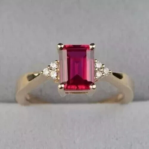 2ct Emerald Cut Lab Ruby Engagement Ring in 14k Gold Plated